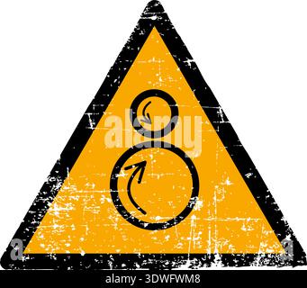 Vector illustration of a counter rotating rollers hazard sign with a grunge texture. Worn scratched yellow triangle symbol showing hands pulled into r Stock Vector
