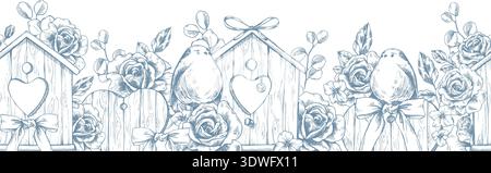 Birdhouses with birds, roses, bows, and hearts. Hand-drawn ink graphic line art illustration. A romantic seamless border pattern in pastel colors for Stock Vector