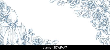 Roses with a wooden heart, bow, and bird. Hand-drawn ink graphic line art illustration. Horizontal rectangular frame with text template in pastel Stock Vector