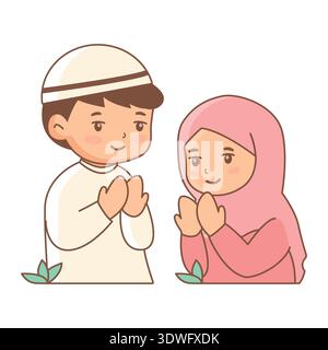 Muslim Boy and Girl Praying Kawaii Ramadan Vector Character flat Stock Vector