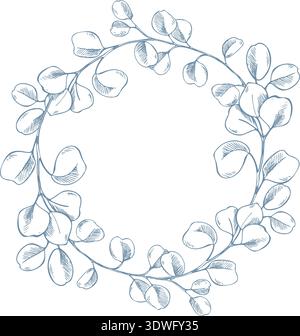 A classic wreath of delicate eucalyptus branches. A hand-drawn ink graphic line art illustration. A round frame and minimalist text template in pastel Stock Vector