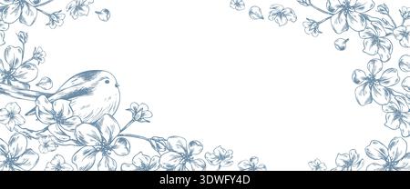 Apple blossoms with a bird on a branch. Hand-drawn ink graphic line art illustration. Horizontal rectangular frame with text template in pastel colors Stock Vector