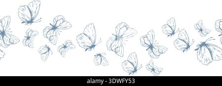 A wave pattern of flying butterflies. A hand-drawn ink graphic line art illustration. A delicate, minimalist seamless border in pastel shades for Stock Vector