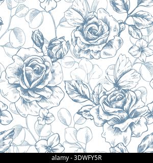 Beautiful roses with eucalyptus leaves and branches. Hand-drawn ink graphic line art illustration. Seamless floral pattern in pastel colors for Stock Vector