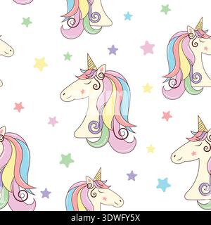 Unicorn head with stars seamless pattern. Pastel background. Vector kids texture. For textile, notebook, child nursery design, wallpaper, scrapbooking Stock Vector