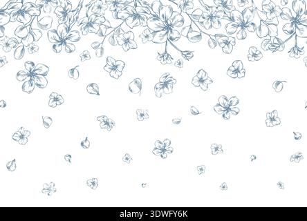 Apple blossoms, forget-me-nots, flowers, and flying leaves. Hand-drawn ink graphic line art illustration. Seamless wide floral border pattern in Stock Vector