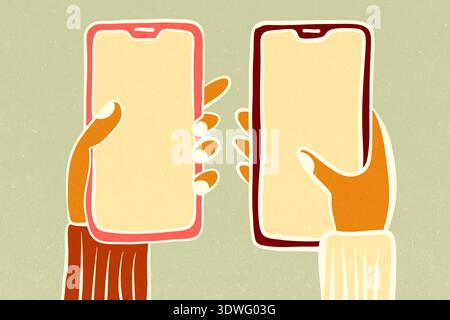 A colorful illustration featuring two hands holding smartphones. One hand holds a device with a red case, the other with a brown case, set against a s Stock Photo