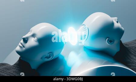 Two android heads connect at the back, sharing AI information through light. This scene shows technology and communication in action. Stock Photo