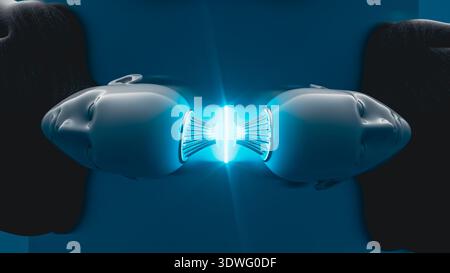 Two android heads connect at the back, sharing AI information through light. This scene shows technology and communication in action. Stock Photo