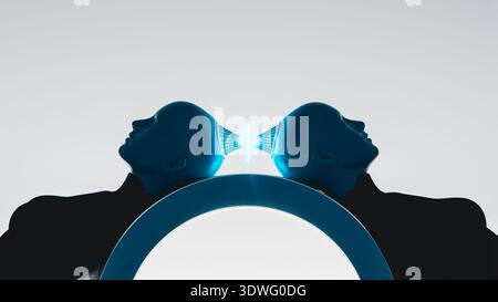 Two android heads connect at the back, sharing AI information through light. This scene shows technology and communication in action. Stock Photo