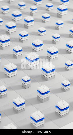 Many data servers are set up in a tech space for artificial intelligence work. They sit on a flat surface with a simple design. Stock Photo