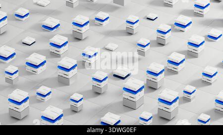 Many data servers are set up in a tech space for artificial intelligence work. They sit on a flat surface with a simple design. Stock Photo