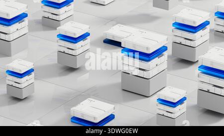 Many data servers are set up in a tech space for artificial intelligence work. They sit on a flat surface with a simple design. Stock Photo