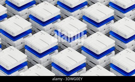 Many data servers are set up in a tech space for artificial intelligence work. They sit on a flat surface with a simple design. Stock Photo