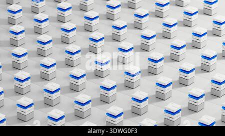 Many data servers are set up in a tech space for artificial intelligence work. They sit on a flat surface with a simple design. Stock Photo