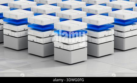 Many data servers are set up in a tech space for artificial intelligence work. They sit on a flat surface with a simple design. Stock Photo