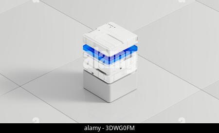 Many data servers are set up in a tech space for artificial intelligence work. They sit on a flat surface with a simple design. Stock Photo