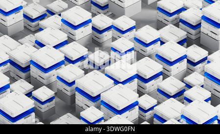 Many data servers are set up in a tech space for artificial intelligence work. They sit on a flat surface with a simple design. Stock Photo