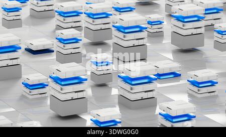Many data servers are set up in a tech space for artificial intelligence work. They sit on a flat surface with a simple design. Stock Photo