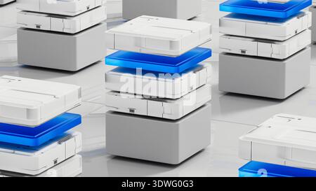 Many data servers are set up in a tech space for artificial intelligence work. They sit on a flat surface with a simple design. Stock Photo