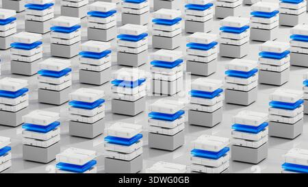Many data servers are set up in a tech space for artificial intelligence work. They sit on a flat surface with a simple design. Stock Photo