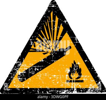 Vector illustration of a pressurized cylinder hazard sign with a grunge texture. Worn scratched yellow triangle symbol showing a gas cylinder isolated on white background. Meets international safety sign standards including ISO 7010 W029 ANSI Z535 OSHA and DIN 4844. Distressed industrial danger emblem for occupational health. Stock Vector