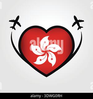 Hong Kong Travel Heart Flag With Airplane Icons Stock Vector