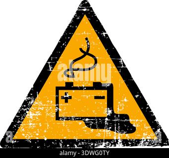 Vector illustration of a battery charging hazard sign with a grunge texture. Worn scratched yellow triangle symbol showing a car battery isolated on white background. Meets international safety sign standards including ISO 7010 W026 ANSI Z535 OSHA and DIN 4844. Distressed industrial danger emblem for occupational health. Stock Vector