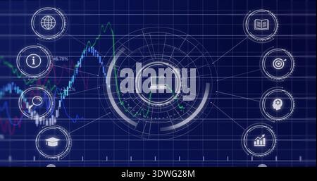 Displaying central HUD showing concentric rings, radial connectors and laptop icon on dashboard Stock Photo