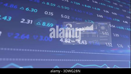 Displaying dashboard panel hovering slightly right at trading platform, with tickers and globe icon Stock Photo