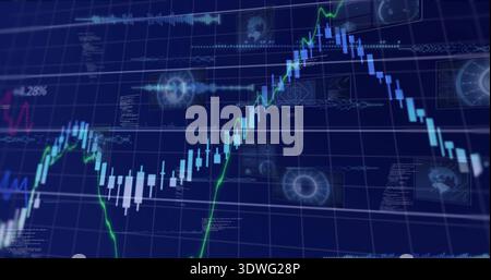 Displaying blue market chart rising then falling on trading UI, showing candlesticks and green line Stock Photo