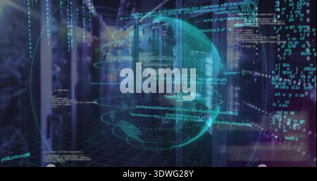 Projecting teal holographic globe with rings above server racks at data center, streaming code Stock Photo