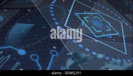 Showing central hexagon HUD rotating on virtual display, with dotted arc and glowing nodes Stock Photo
