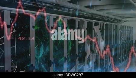 Displaying row of server rack cabinets stretching down data center aisle, showing red graph 42 Stock Photo