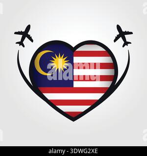 Malaysia Travel Heart Flag With Airplane Icons Stock Vector
