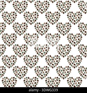 Coffee beans green dark and soft brown make fill Heart shape Seamless Pattern Minimalistic Flat Fond. Isolated Vector illustration Coffee Day Themed or Motivation Cards Backdrop Banner, leaflets, menu Stock Vector
