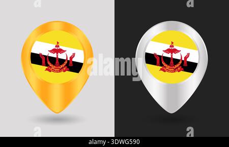 Gold and Silver Brunei Flag Map Pin Icon Stock Vector