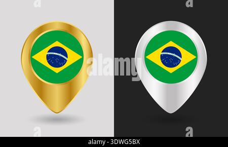 Gold and Silver Brazil Flag Map Pin Icon Stock Vector