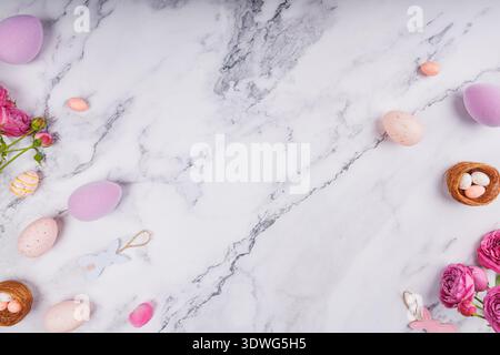 Minimal Easter Layout with Eggs and Roses Stock Photo