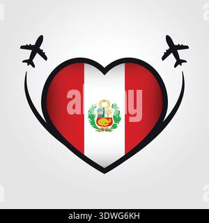 Peru Travel Heart Flag With Airplane Icons Stock Vector