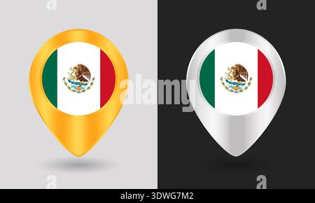 Gold and Silver Mexico Flag Map Pin Icon Stock Vector