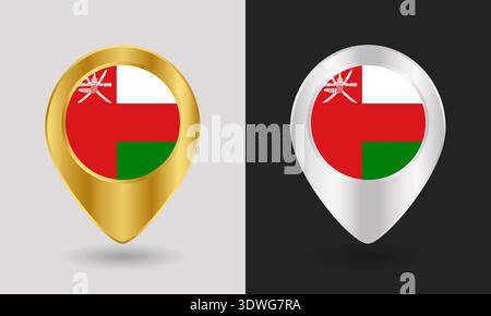 Gold and Silver Oman Flag Map Pin Icon Stock Vector