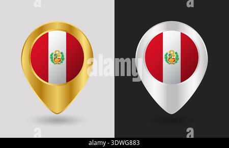 Gold and Silver Peru Flag Map Pin Icon Stock Vector