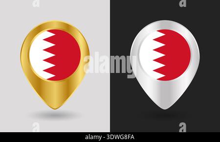 Gold and Silver Bahrain Flag Map Pin Icon Stock Vector
