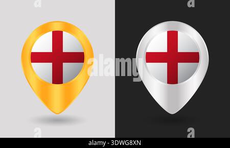 Gold and Silver England Flag Map Pin Icon Stock Vector