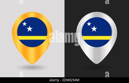 Gold and Silver Curacao Flag Map Pin Icon Stock Vector