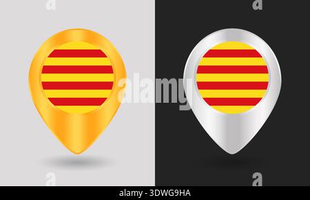 Gold and Silver Catalonia Flag Map Pin Icon Stock Vector