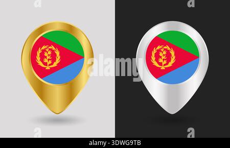 Gold and Silver Eritrea Flag Map Pin Icon Stock Vector