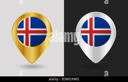 Gold and Silver Iceland Flag Map Pin Icon Stock Vector