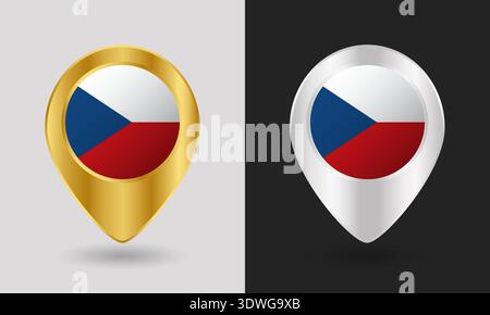 Gold and Silver Czech Republic Flag Map Pin Icon Stock Vector